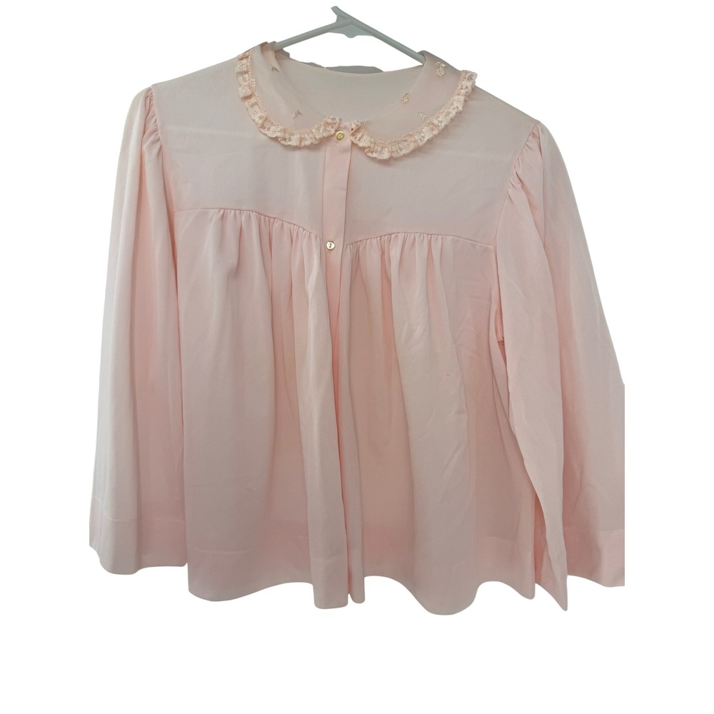 Vintage Sans Souci M Pink Bed Jacket Lace Embroidered Peter Pan Collar Coquette